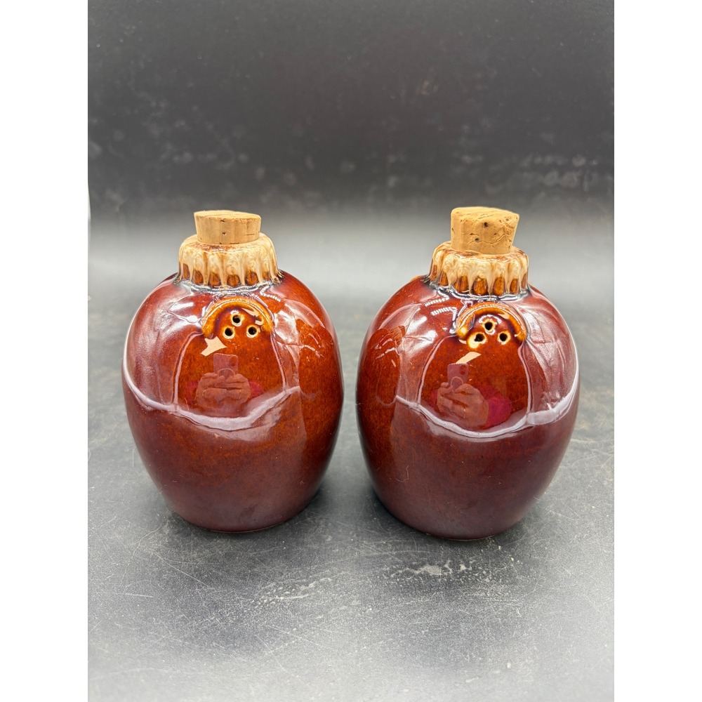 Vintage Brown Drip Glaze Ceramic Salt and Pepper Shakers Set with Cork Stoppers